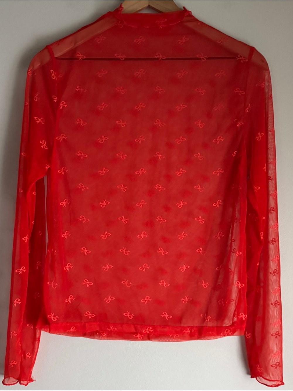 Boutique Sheer Red Long-Sleeve Mesh Top with Bow Print Size Medium/Large